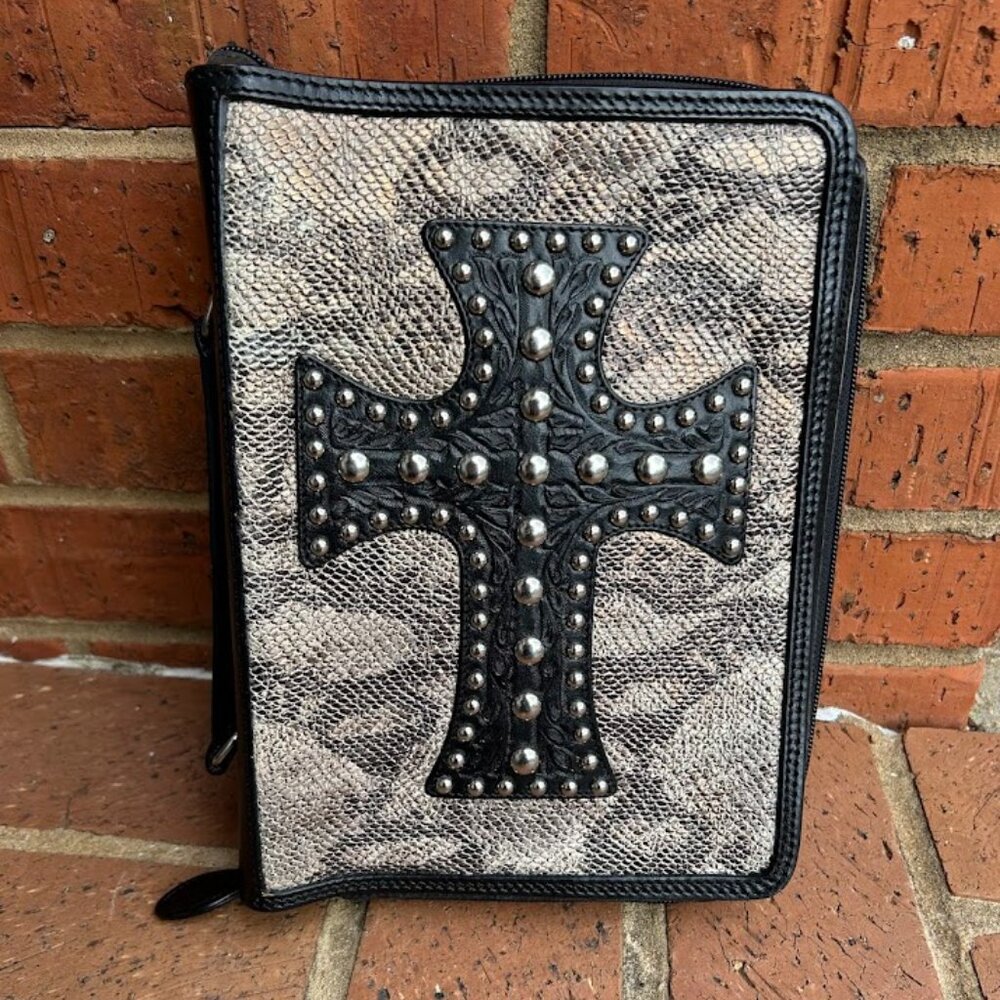 Snake Print Leather Bible Cover with Studded Cross Design